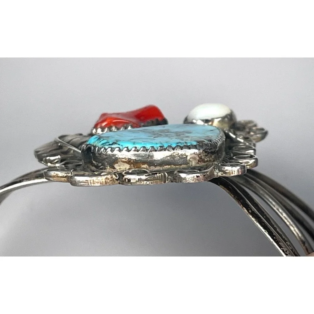Navajo Sterling Silver Turquoise Coral Shell Cuff Bracelet Handmade 37.35g